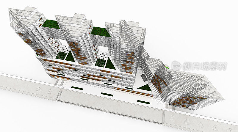 住宅及办公楼开发。线框图3 d渲染。体系结构抽象。